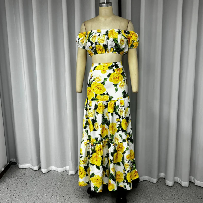 Wefads 2 Piece Set Women Stylish Floral Elegant Printed Puff Sleeve High Waist Off Shoulder Top Loose Pleated Long Skirt Sets