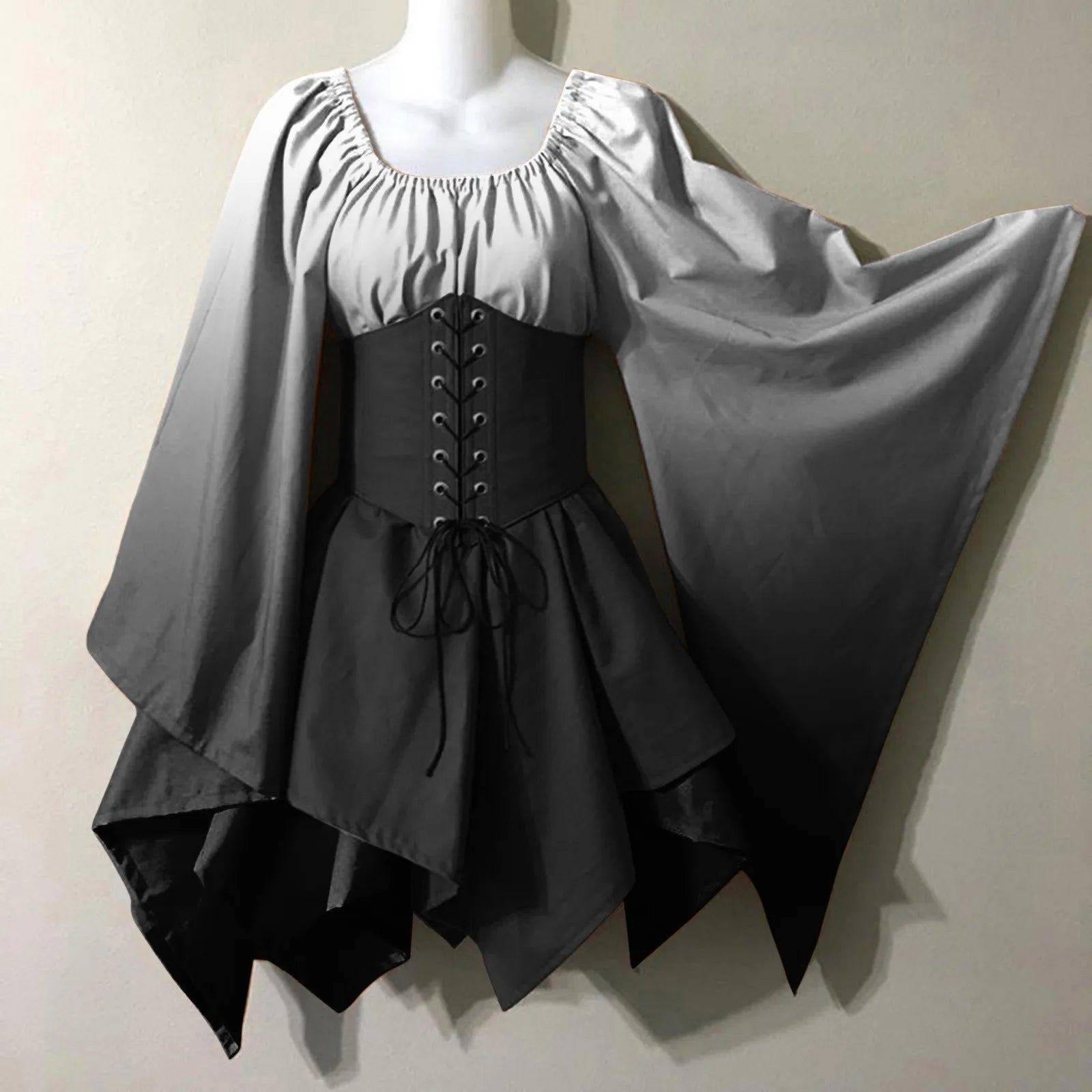 Medieval Costume For Womens Trumpet Sleeve Irish Shirt Dress With Corset Traditional Dress Halloween Women Mature Womens Dresses White