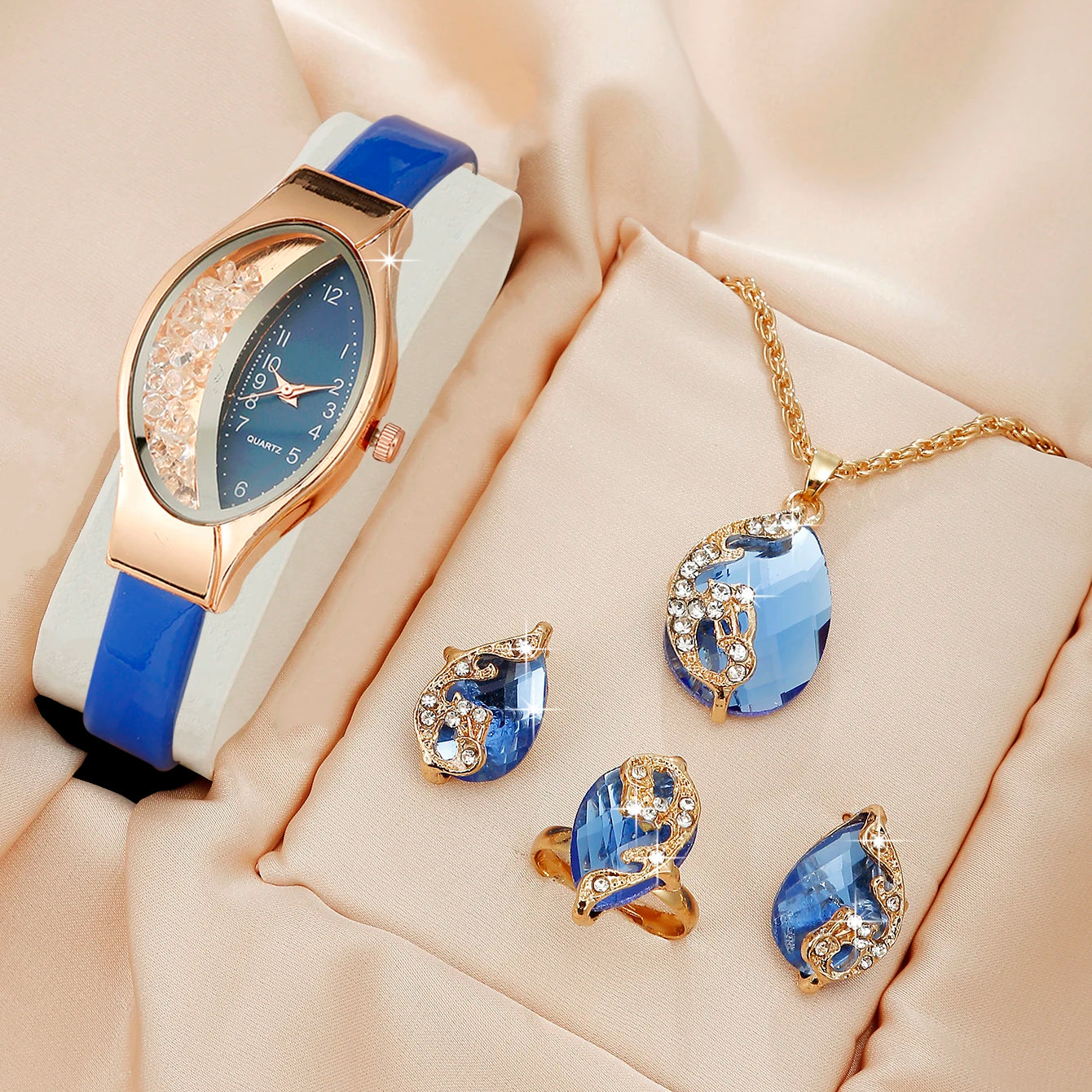 5pcs Set Watches Women Leather Band Ladies Watch Simple Casual Womens Analog WristWatch Bracelet Gift Montre Femme SKY BLUE