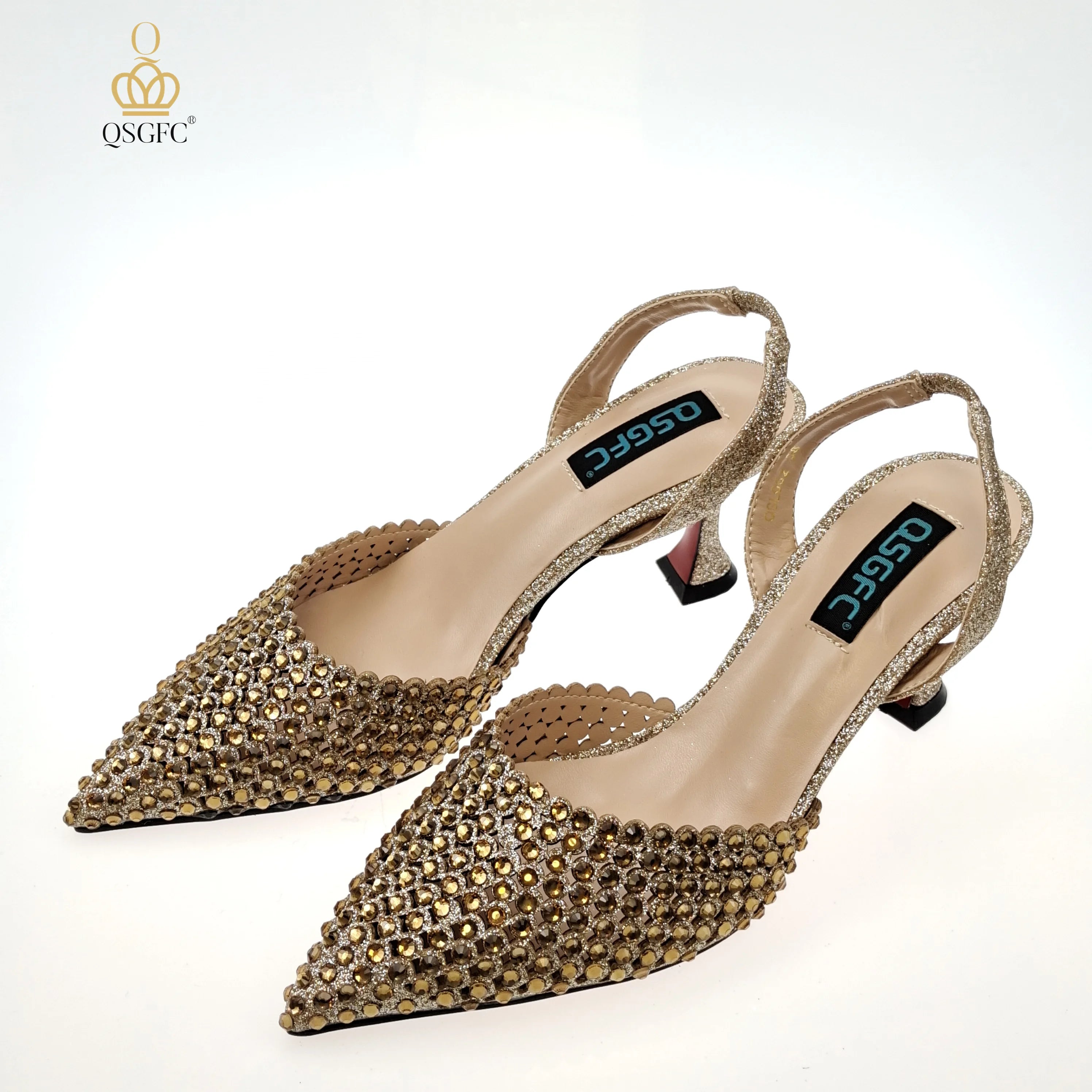 Italian Design Women Hollowed Out Embroidery Colorful Rhinestones Rainbow Color Women's Shoes and Party Wedding Bags Set ONLY SHOES GOLD