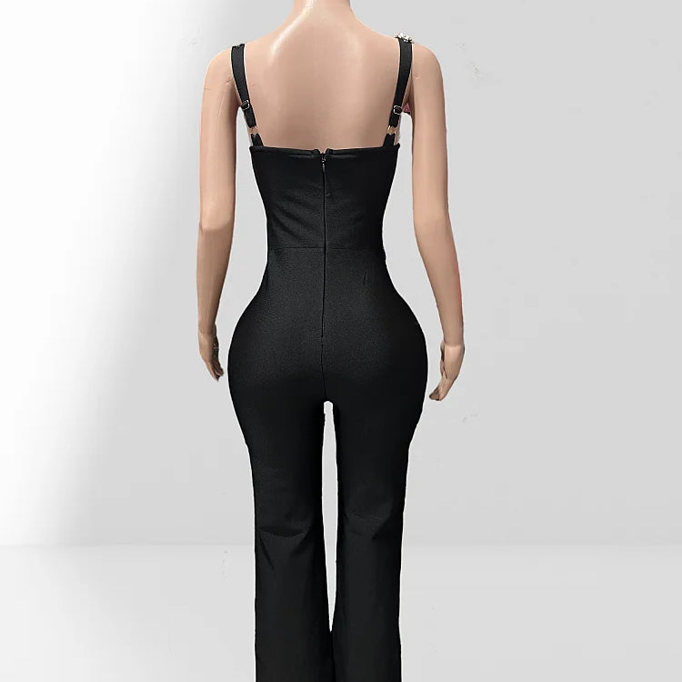 High Quality Shining Diamonds Sexy V-Neck Sleeveless Jumpsuit Graceful Woman Evening Party Outfit