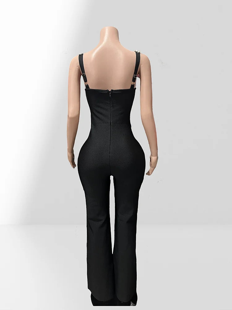 High Quality Shining Diamonds Sexy V-Neck Sleeveless Jumpsuit Graceful Woman Evening Party Outfit