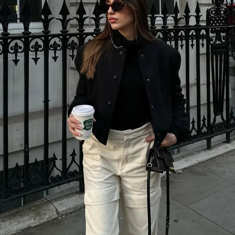 Vintage Solid Long Sleeve Bomber Jacket Spring Women Casual Coats Streetwear Female Elegant Lapel Zipper Jakcet