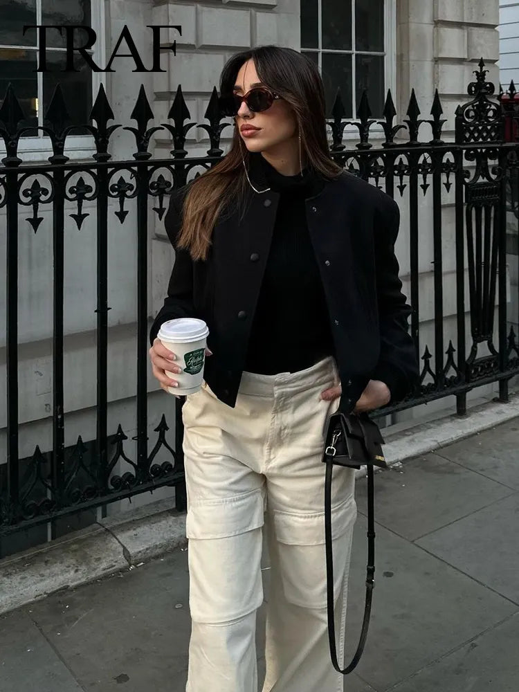 Vintage Solid Long Sleeve Bomber Jacket Spring Women Casual Coats Streetwear Female Elegant Lapel Zipper Jakcet