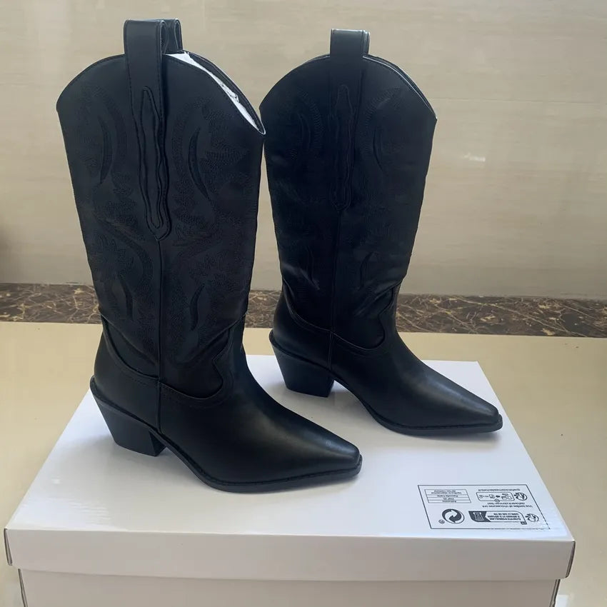 Western Women Boots Autumn Winter Fashion Chunky Heeled Cowboy Boots Vintage Style Country Western Cowgirl High Heels Boots CXX-LX black