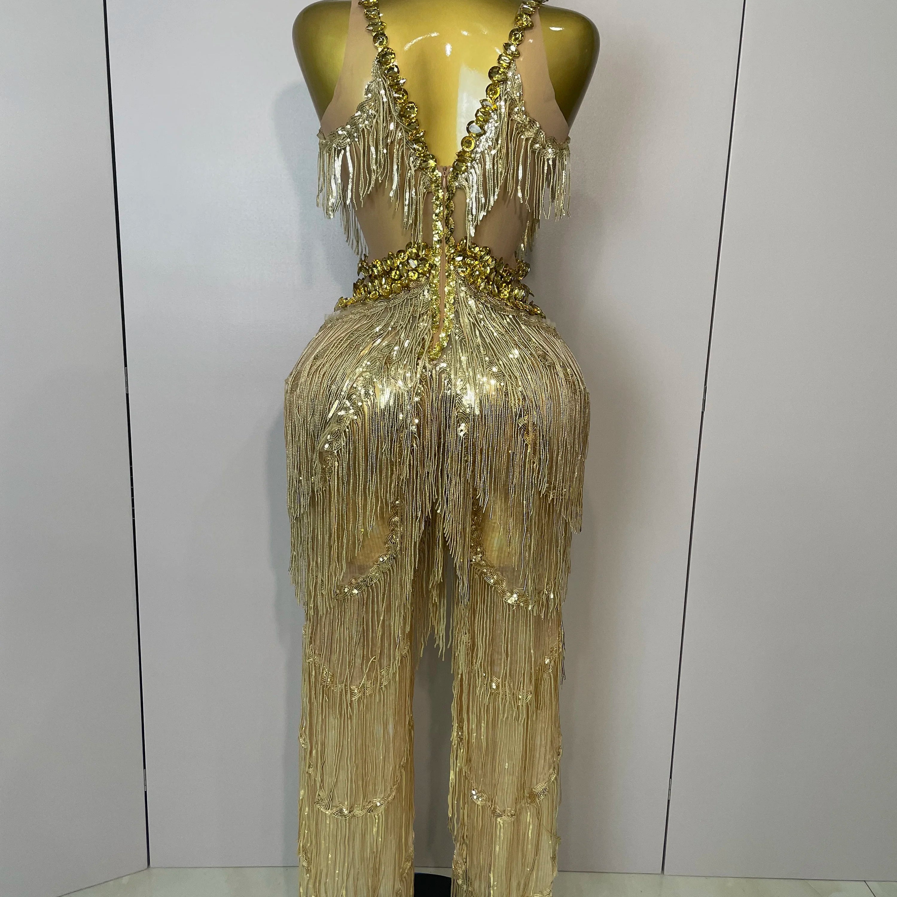 Shiny Gold Rhinestones Sequined Fringe Wide-leg jumpsuit 2025 Women Sexy Night Party Club Outfit Singer Stage Perform Costume