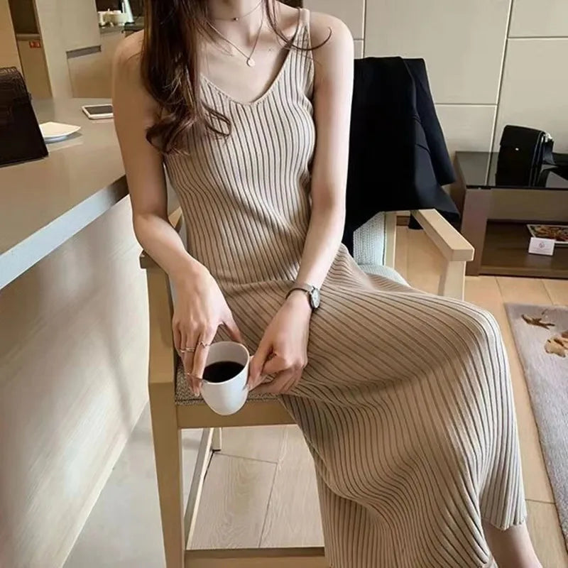 Women Dress Knitted Slimming Bodycon Soft Straps Dress Casual Ribbed Knitted One Piece Holiday A-Line Midi Dress Women APRICOT One Size