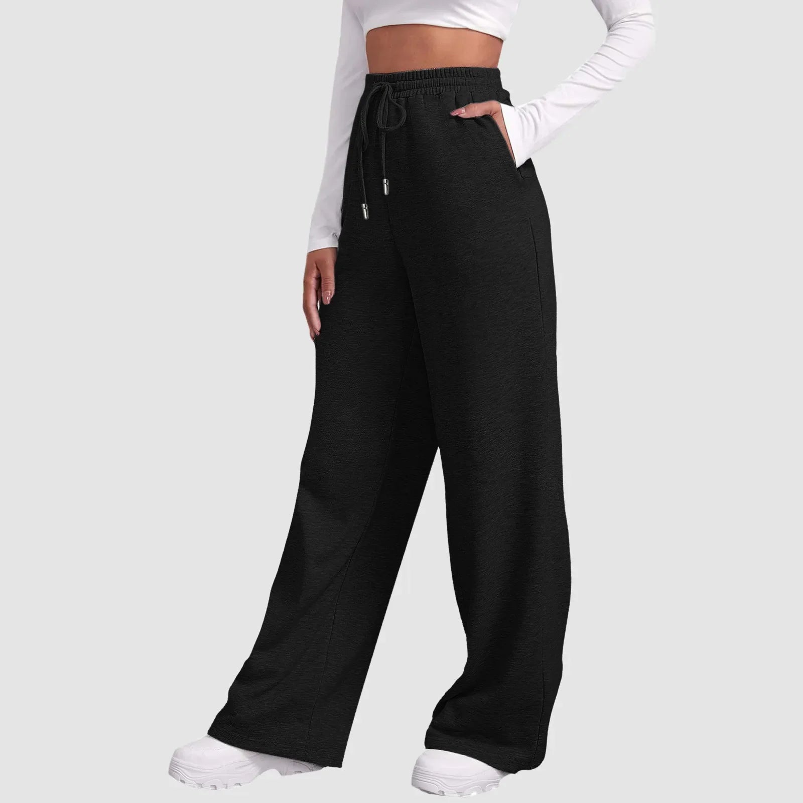 Wide Leg Pants For Women’S Fleece Lined Sweatpants Straight Pants Bottom All-Math Plain Fitness Joggers Travel Basic Pants Black-A CN