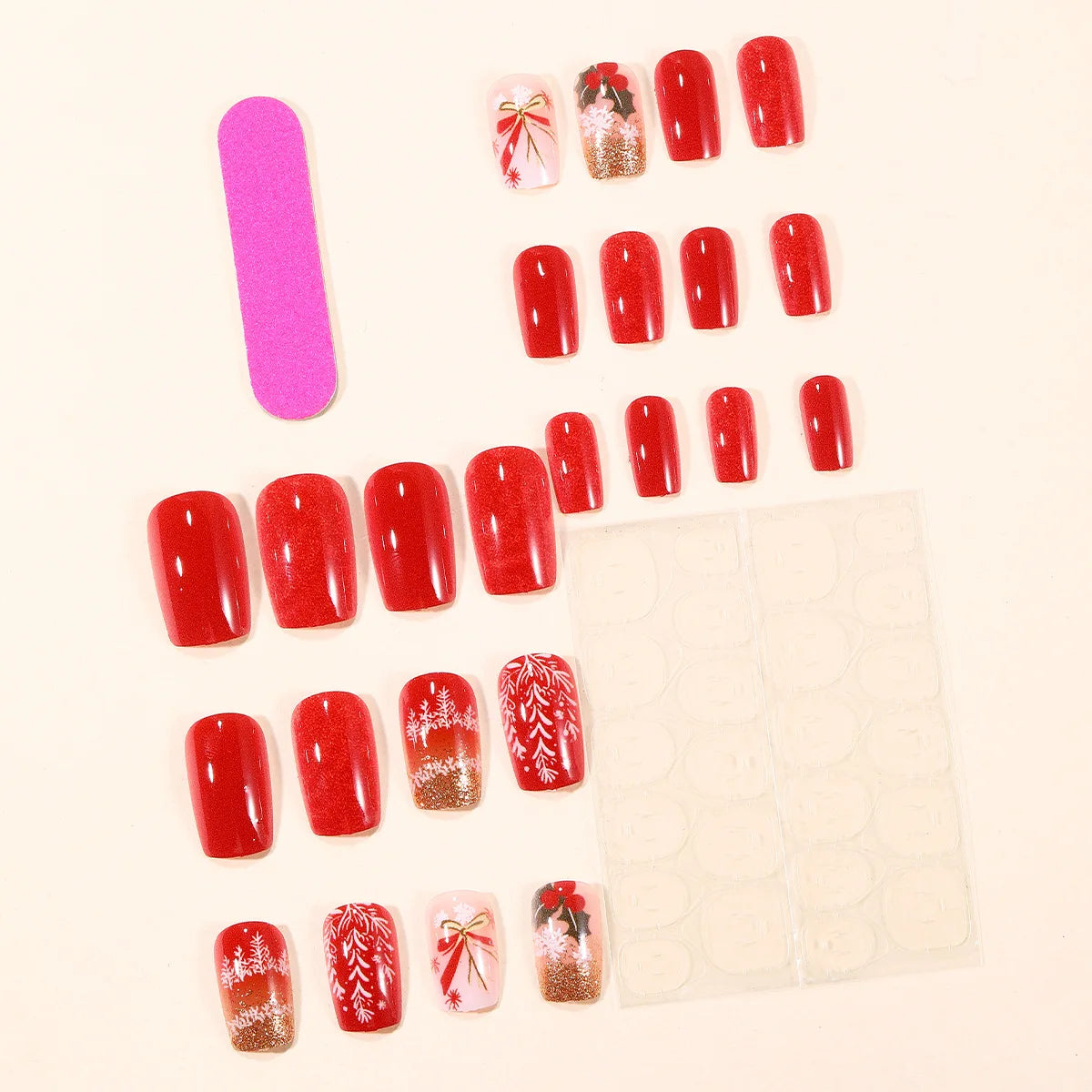 Red Short Square Fake Nails for Women Christmas Party Full Cover Press On Nails Santas/Snowflake/Deer Printed Stick-on Nails Art