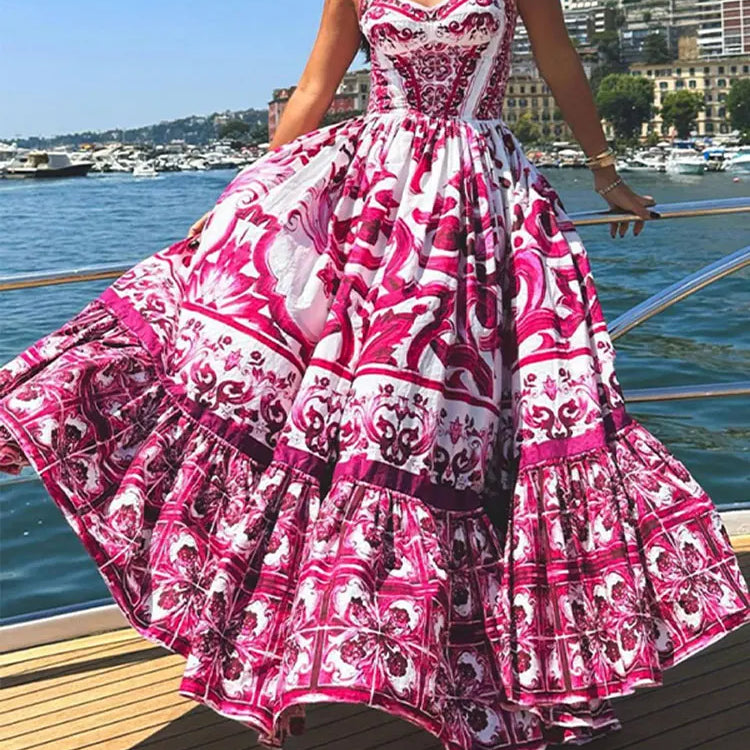 Women Sexy Printed Suspender Dress Fashion V-neck Backless High Waist Large Swing Midi Vestido Summer Female Chic Vacation Robes
