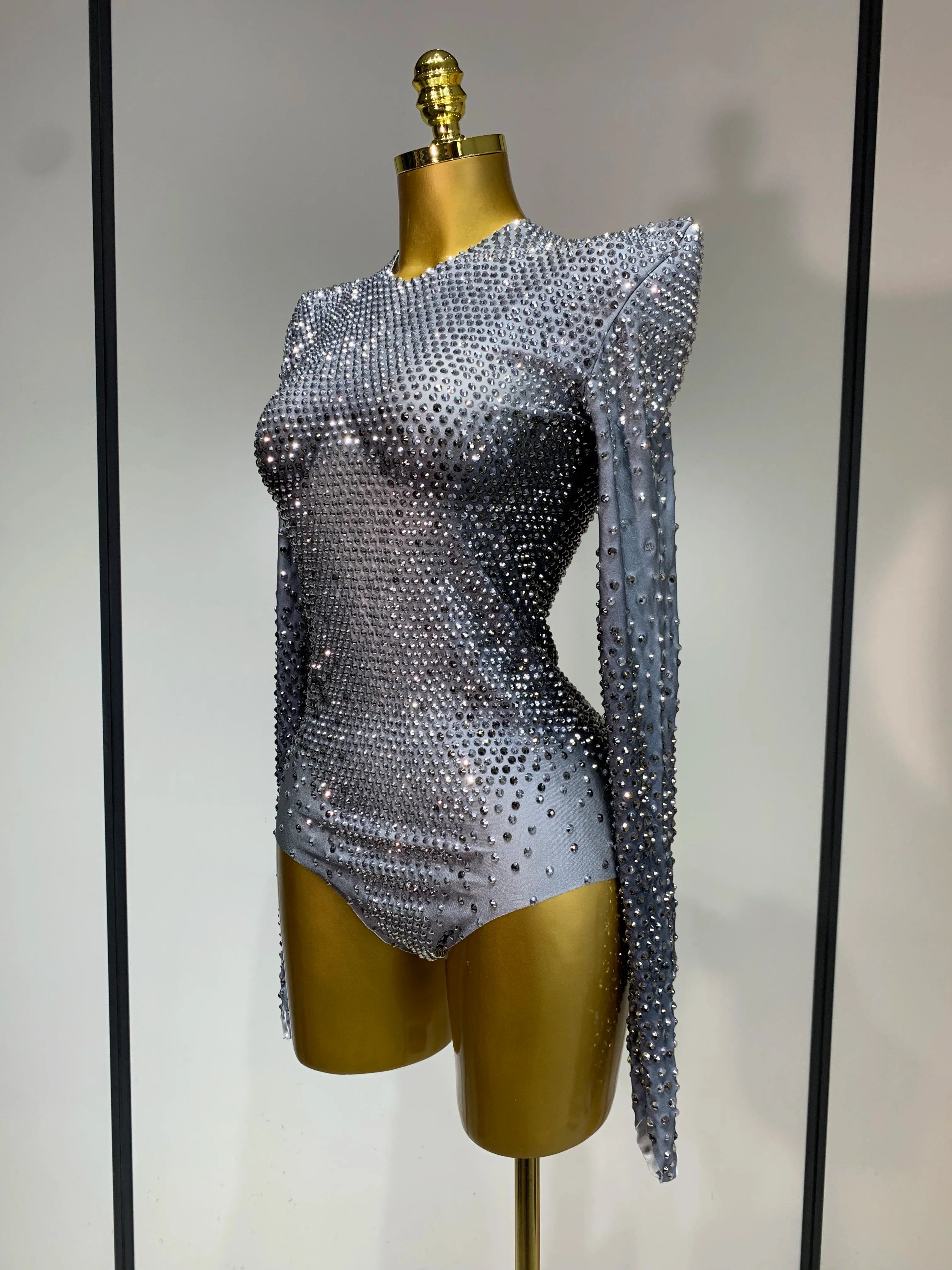 Sparkle Silver Rhinestones Stretch Bodysuits Women Luxury Birthday Evening Party Sexy Nightclub Singer Stage Costume