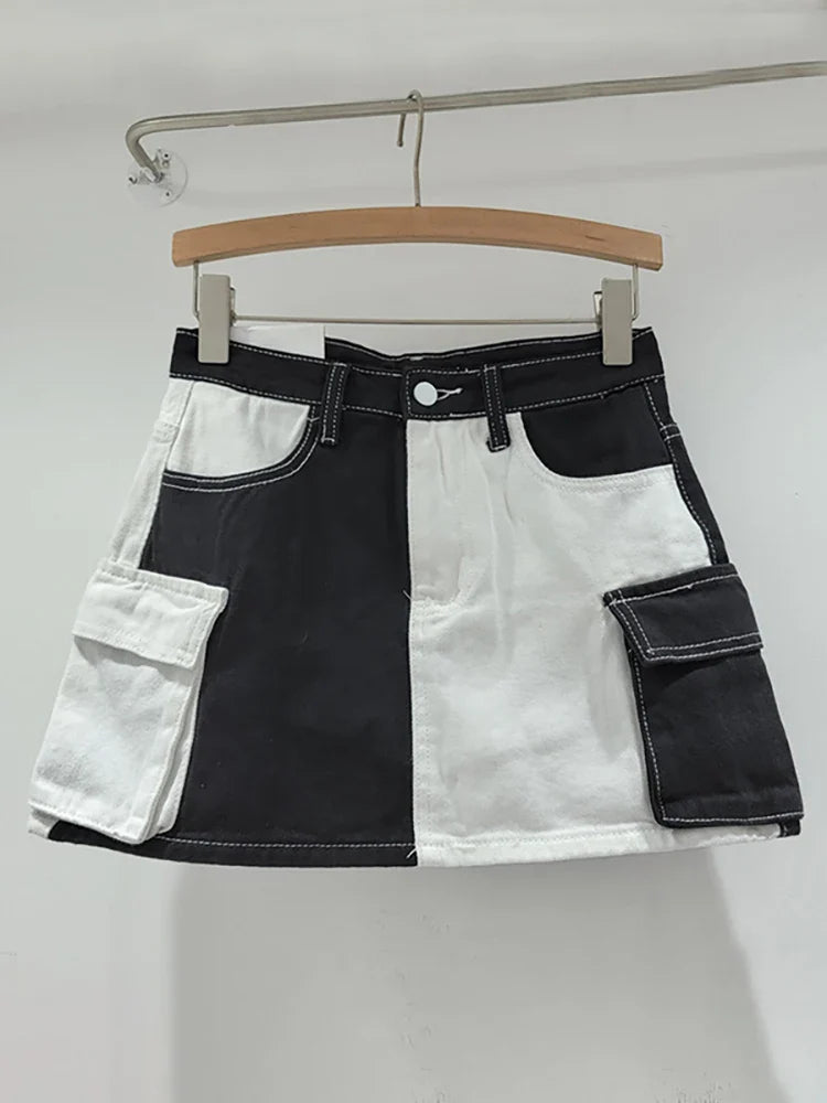 DEAT Women's Denim Skirt Contrast Color Patchwork Big Pockets Wrap Hip A-line Cargo Mini Skirt Summer New Fashion 29L6817 black
