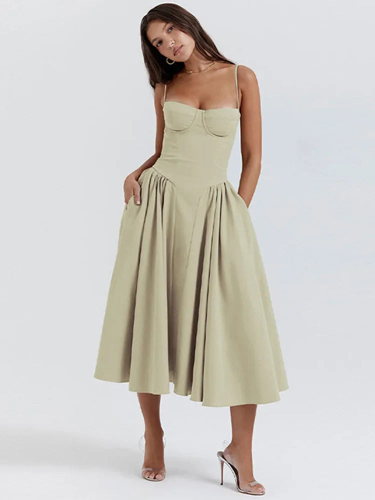 Women Sexy Solid Sling Midi Dress Fashion Sleeveless Backless Pleated Hem Dresses Summer Female Party Evening A-line Robes