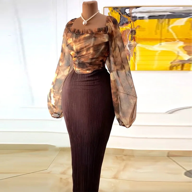 CM.YAYA Fashion Elegant Mesh Printed Women Set Street Tops + High Waist Long Skirts Suits Party Birthday Two 2 Piece Sets Dress