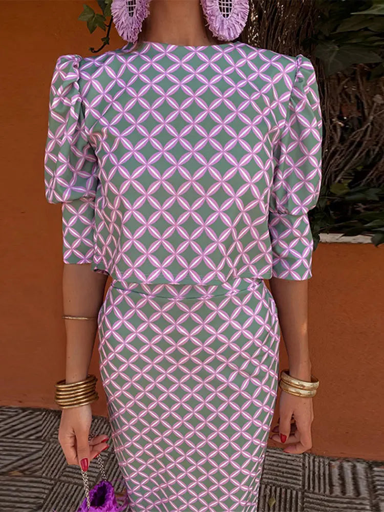 Women Plaid Printed Split Back Midi Skirt Set Fashion O-neck Long Sleeve Cropped Top Suit Lady Elegant Office Outfits PURPLE