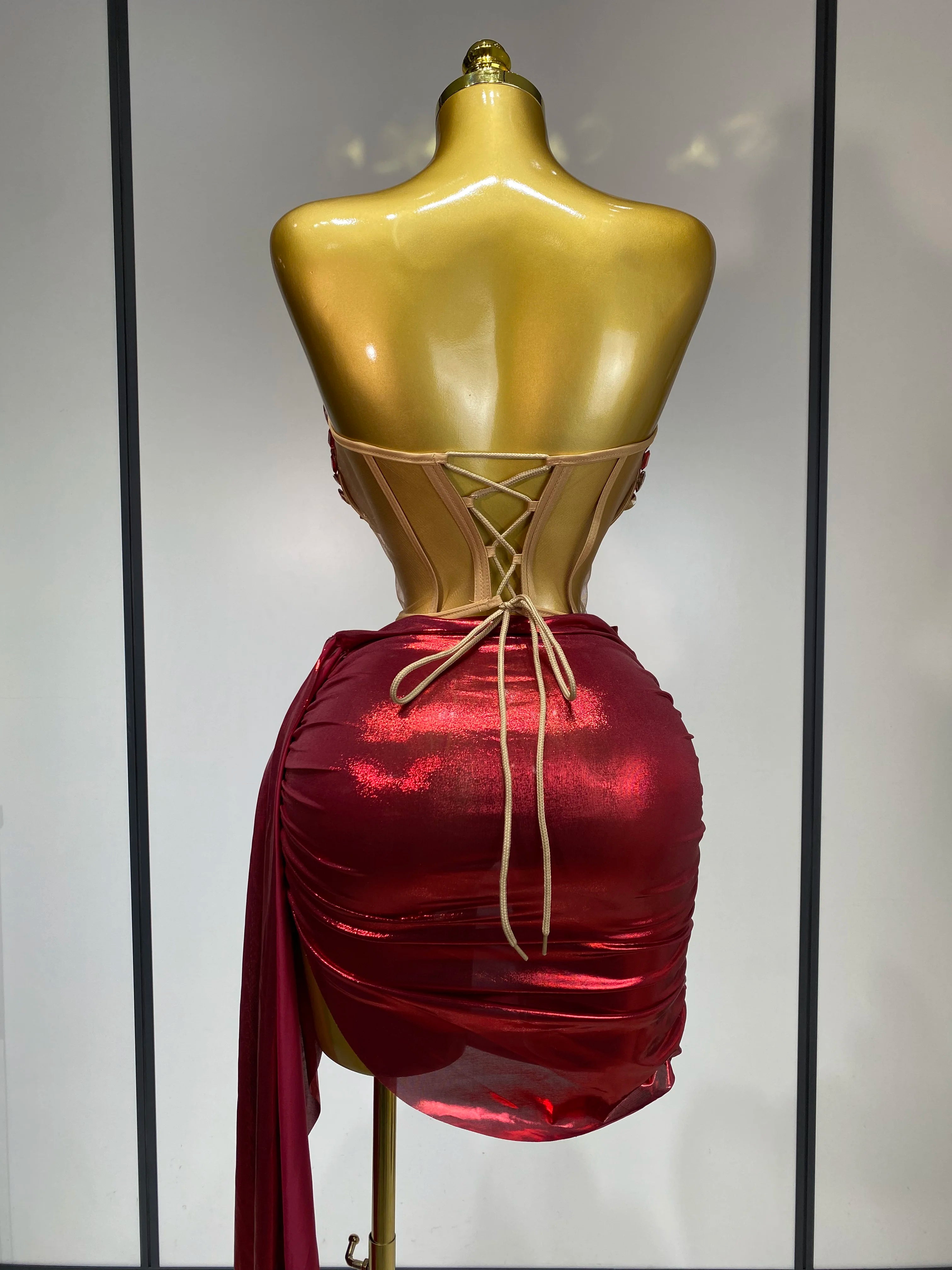 Sparkly Red Diamond Sexy Top Two Pieces Set Women Celebrate Party Luxury Birthday Nightclub Performance Dancer Stage Outfit