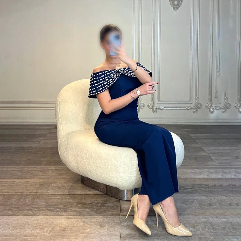 Blue Color Women Sexy Slash Neck Off the Shoulder Shinning Crystal Bodycon Long Bandage Dress Elegant Evening Party Outfit