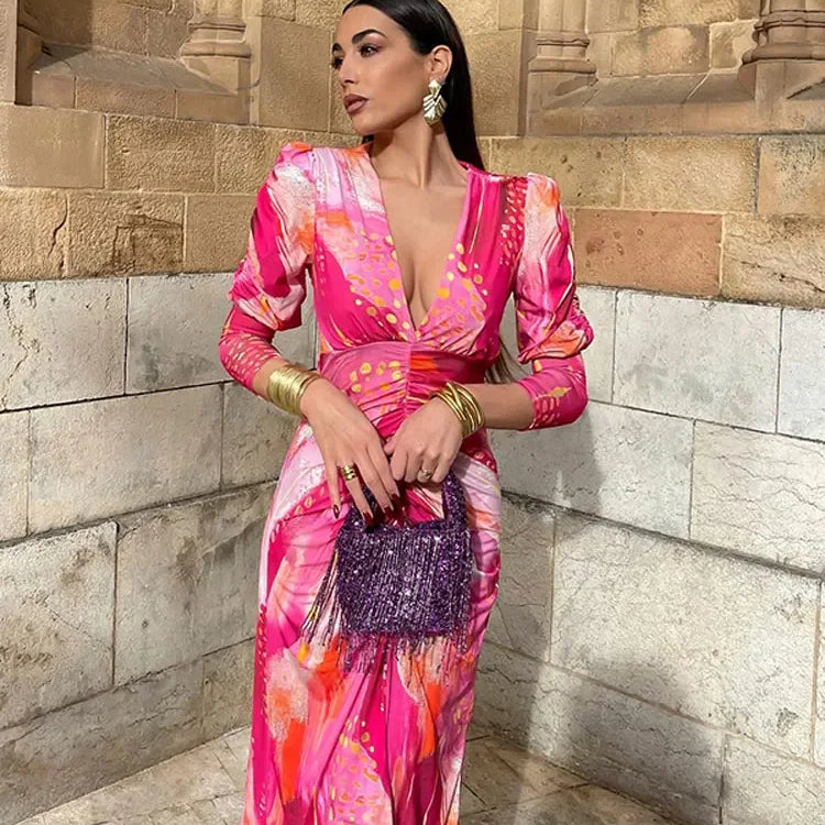 Elegant Tye Die Print Pleated Bodycon Maxi Dress Women Vintage Long Sleeve V-neck A-line Dresses Ladies Holiday Party Robes