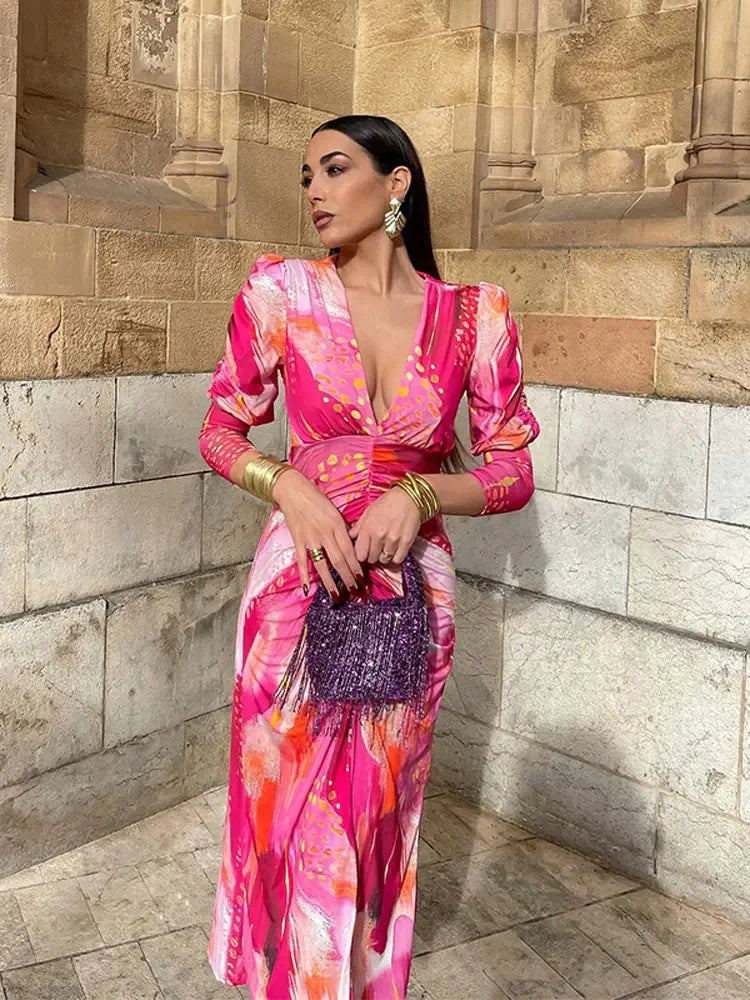 Elegant Tye Die Print Pleated Bodycon Maxi Dress Women Vintage Long Sleeve V-neck A-line Dresses Ladies Holiday Party Robes