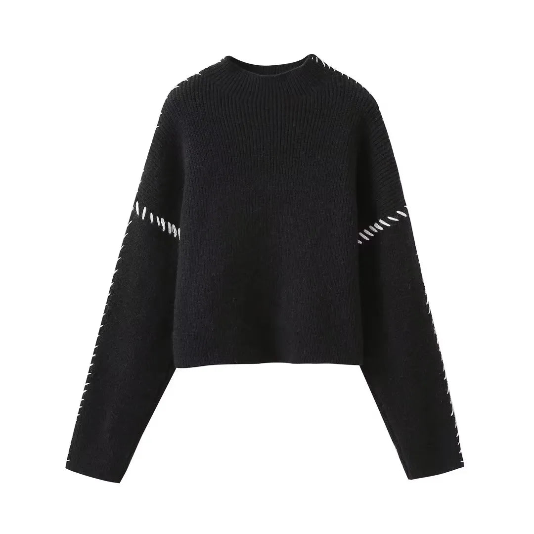 TRAFZA Women Fashion Black Spliced Cable Stitch Turtleneck Oversize Pullover Female Casual Long Sleeve Loose Sweater Vintage Top black