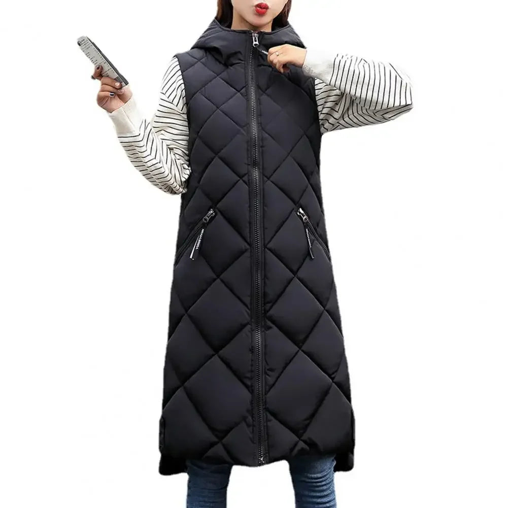 Vest Hooded Women Vest Jacket Long Diamond Grid Shaped Jacket Zipper Sleeveless Cardigan Trendy Style Autumn Winter Streetwear Black