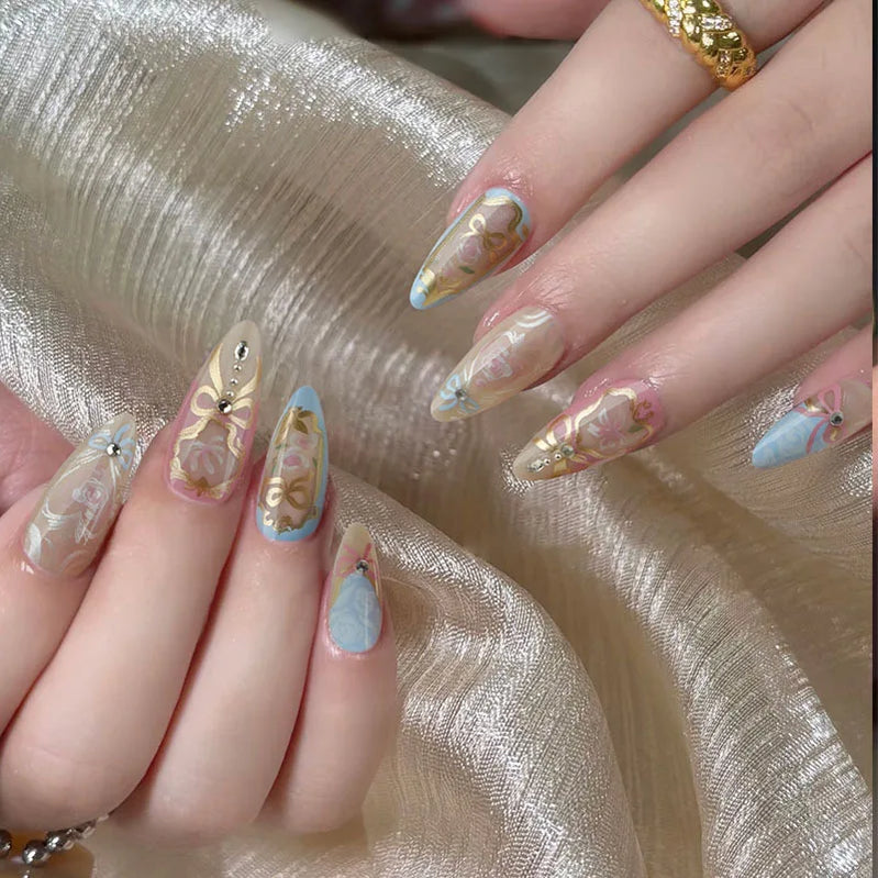 24pcs Sweet Rose Pattern False Nails Ins Korean Girl Fake Nails Tips Wearable Detachable Sweet Cool Almond Press on Nails