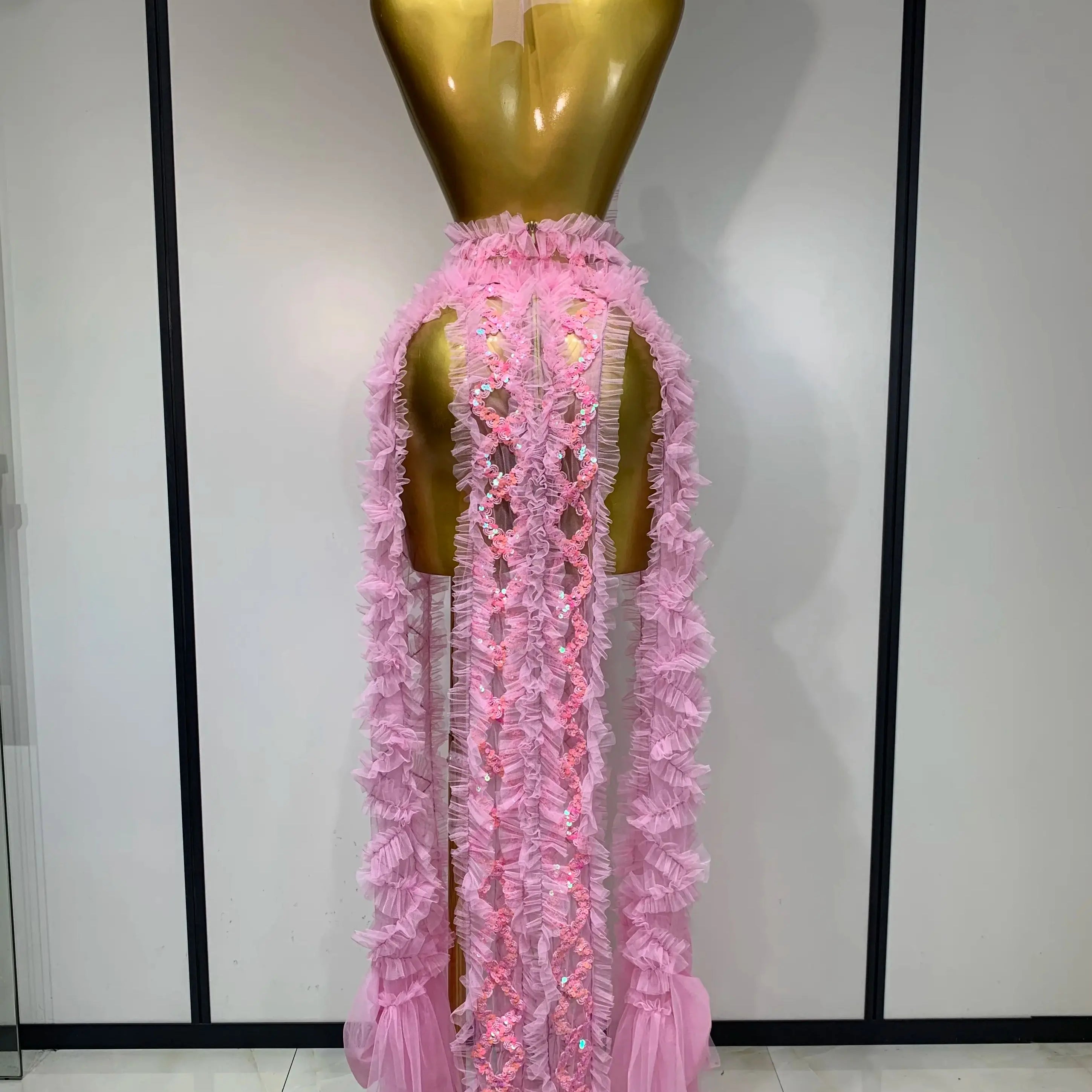 Mesh Sequins Sexy Backless Halter See Through Dress 2025 Birthday Evening Party Prom Nightclub Singer Stage Performance Costume