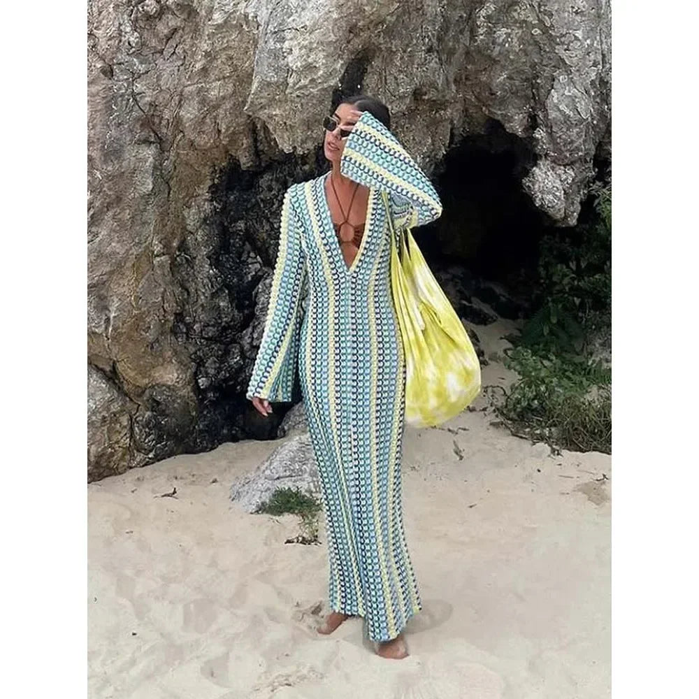 Striped Hooked Crochet Knit Long Dress Women Autumn Long Sleeve A Line Vestidos Female Vintage Commuter Slim Dresses