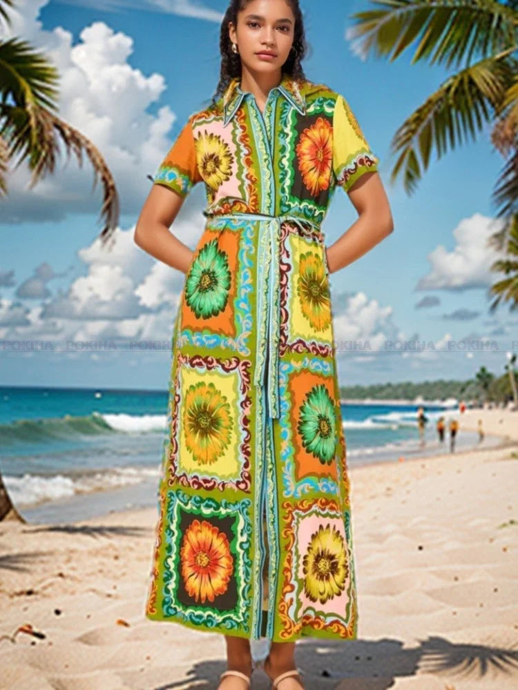 Women Vintage Print Maxi Dress Fashion New Summer Holiday Elegant Short Sleeve Long Dresses Female Chic Robe Holiday Party Beach Blue