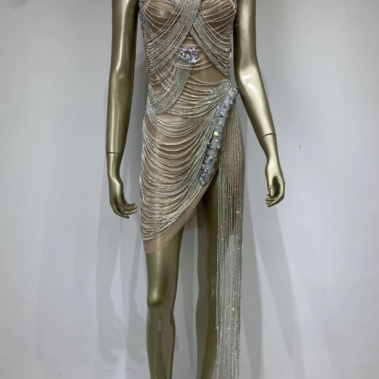 Vestido curto bege com alças e cristais, sem alças, 2025, feminino, sexy, festa de aniversário, bar, boate, palco, roupa para performance