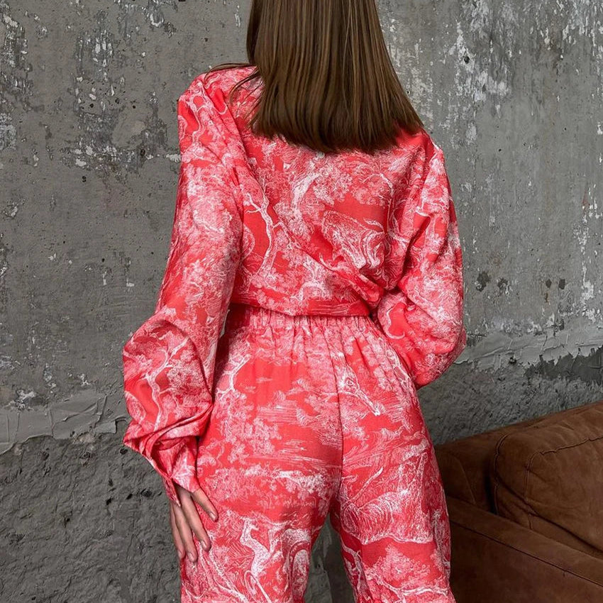 Clacive Fashion Loose Print 2 Piece Sets Women Outfit Elegant Long Sleeve Shirt With High Waist Shorts Set Streetwear