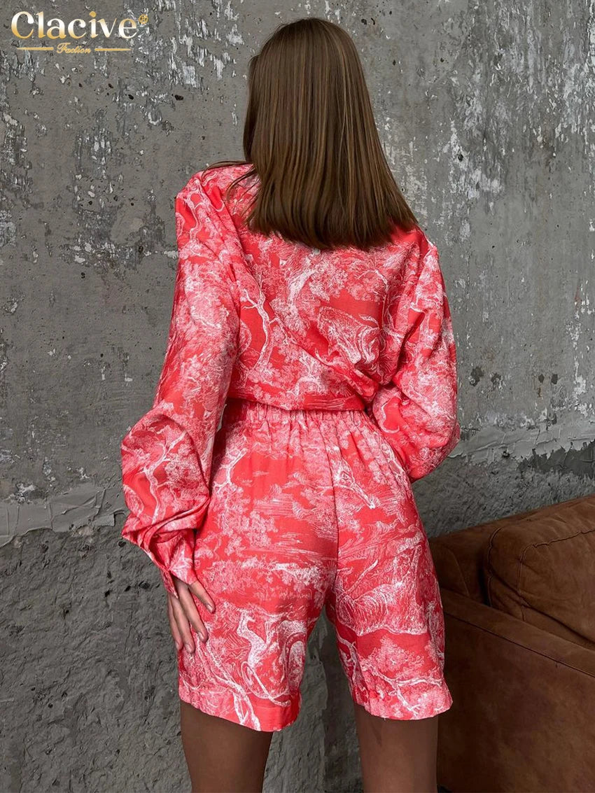 Clacive Fashion Loose Print 2 Piece Sets Women Outfit Elegant Long Sleeve Shirt With High Waist Shorts Set Streetwear