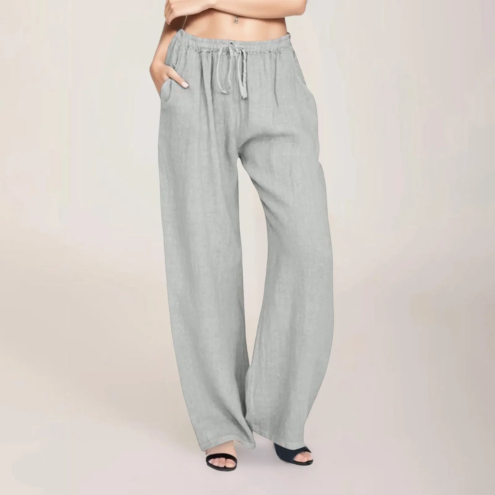 Ladies Casual Solid Color Pants Drawstring Cotton Linen Loose Yoga Sports Fitness Trousers Womens Baggy Pants Grey CN