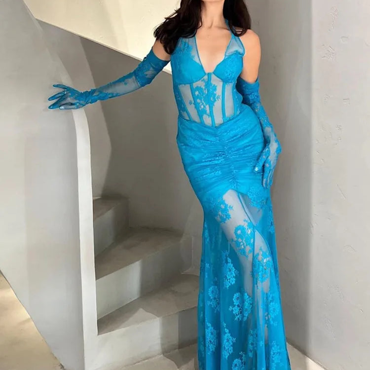 Luxury Women Celebrity Sexy Deep V Neck Backless Blue Black Lace Maxi Long Bodycon Dress 2024 Elegant Evening Club Party Dress