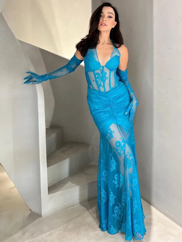 Luxury Women Celebrity Sexy Deep V Neck Backless Blue Black Lace Maxi Long Bodycon Dress 2024 Elegant Evening Club Party Dress