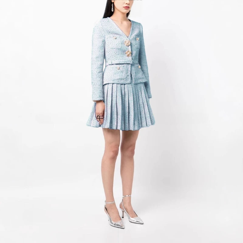 TWOTWINSTYLE Solid Slimming Two Piece Sets for Women V Neck Long Sleeevs Spliced Button Top High Waist Pleated Skirts Set Female