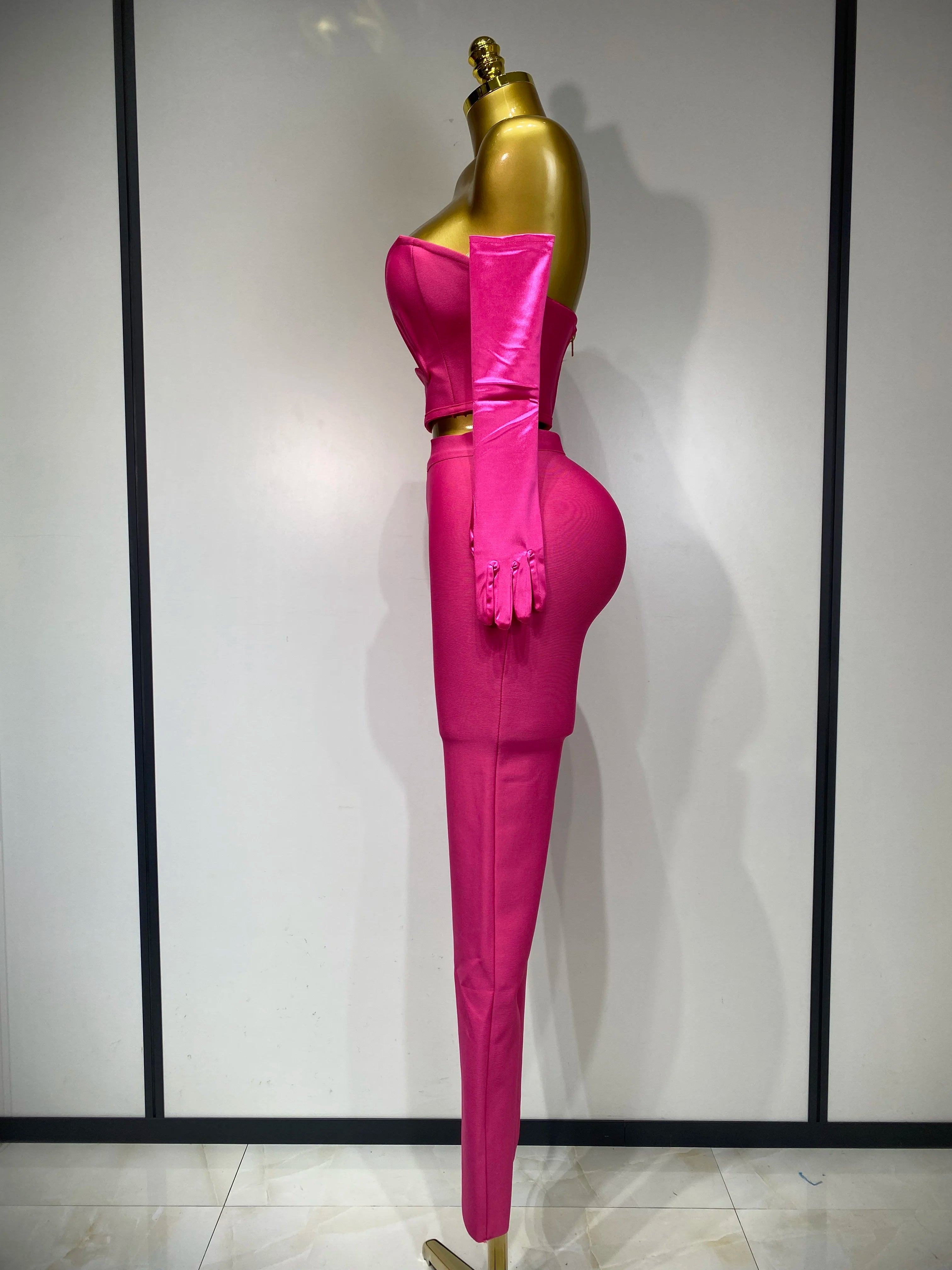 Women Sexy Strapless Backless Hot Pink Glove Pants Bandage Three Piece Suit Celebrity Designer Fashion High Street Pant Suits
