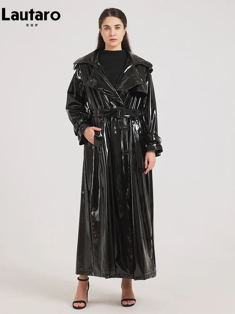 Spring Autumn Extra Long Black Shiny Reflective Soft Stretchy Patent Leather Trench Coat for Women Maxi Overcoat 2024