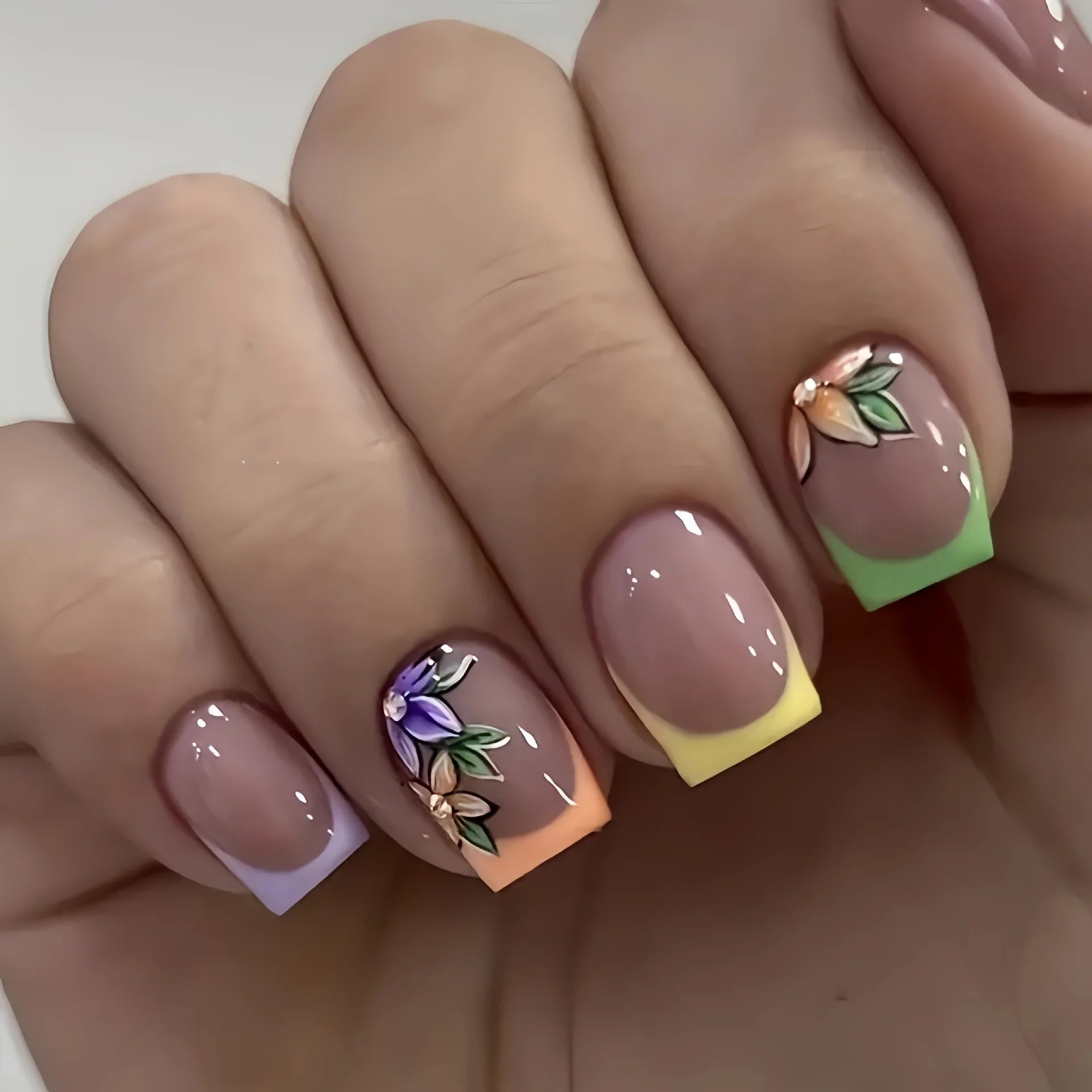 24pcs/set short square fake nails flowers leaf design for summer halloween faux ongles nail tips press on acrylic false nail art