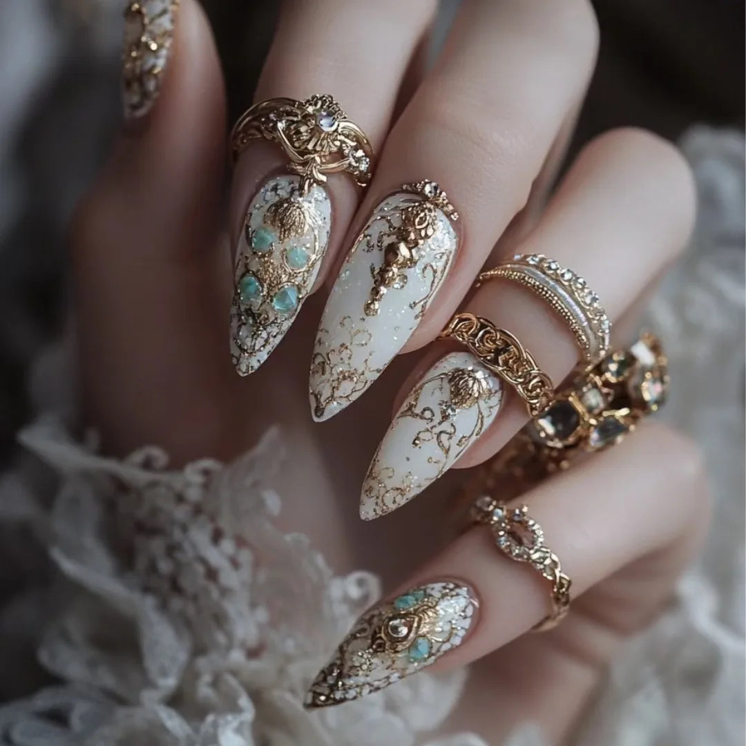 24pcs/set Medium long fake nails yellow dragon flowers feather design for Spring summer Square almond tips press on false nail