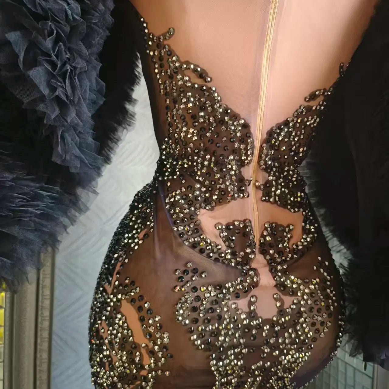 Women Sexy Mesh See Through Black Crystal Stretchy Night Club Celebrity Singer Dancer tage Costume Mini Party Dress