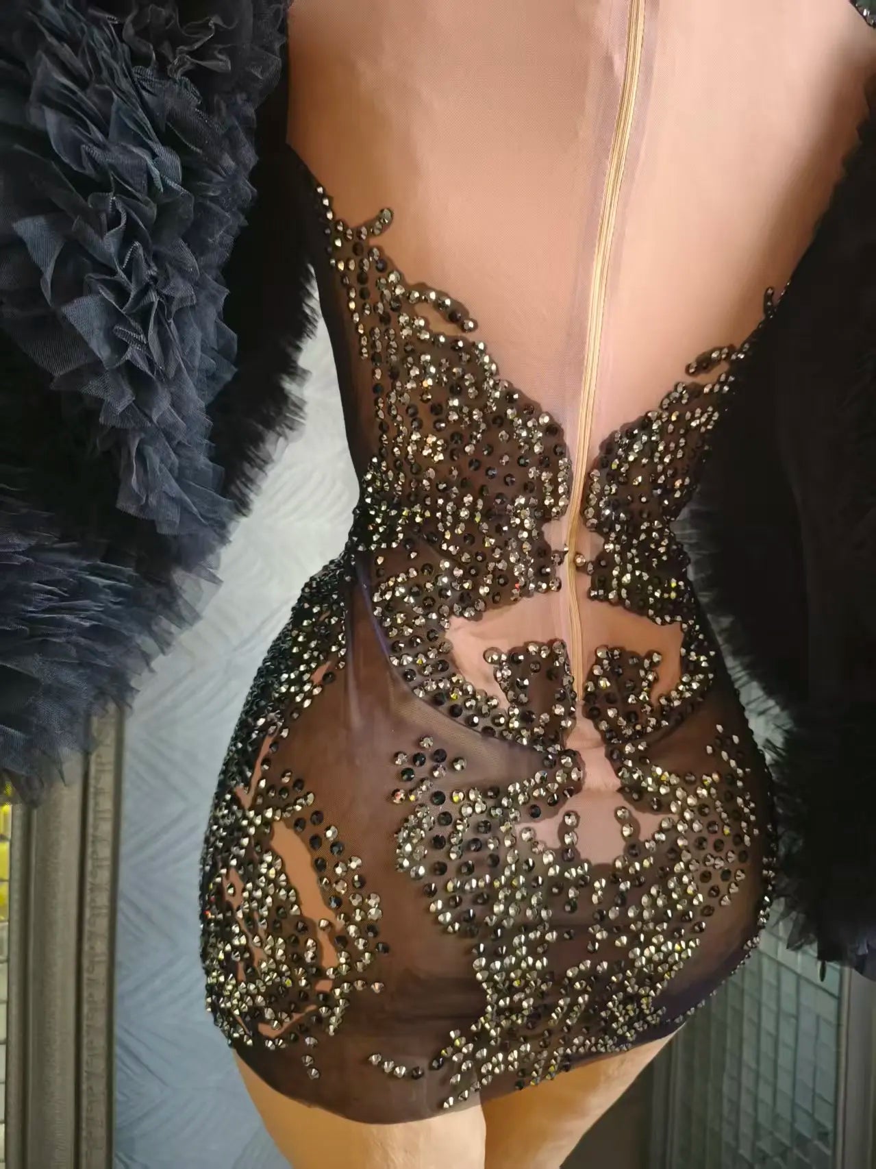 Women Sexy Mesh See Through Black Crystal Stretchy Night Club Celebrity Singer Dancer tage Costume Mini Party Dress