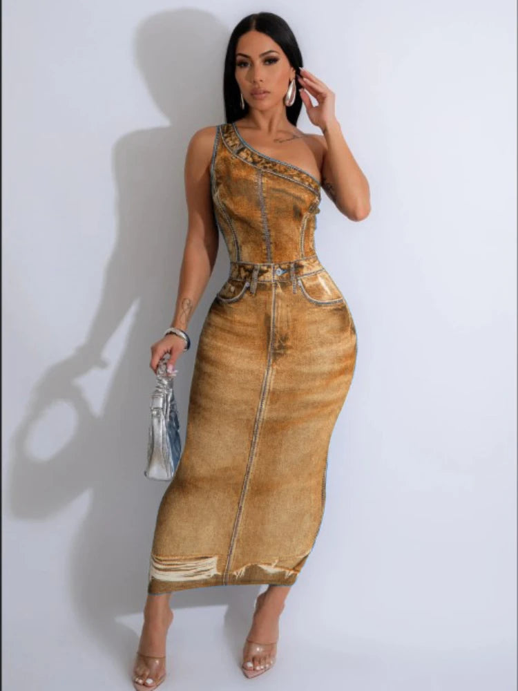 CM.YAYA Women Fake Jean 3D Printed One Shoulder Sleeveless Bodycon Midi Maxi Dress 2024 Club Sexy Party Long Dresses Vestido
