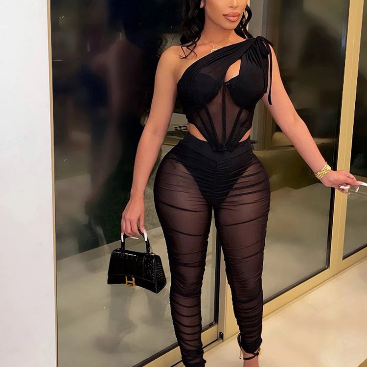 CM.YAYA Mesh See Though Women's Set One Shoulder Sleeveless Crop Top and Stacked Pants Suit 2023 Two 2Piece Set Outfit Tracksuit