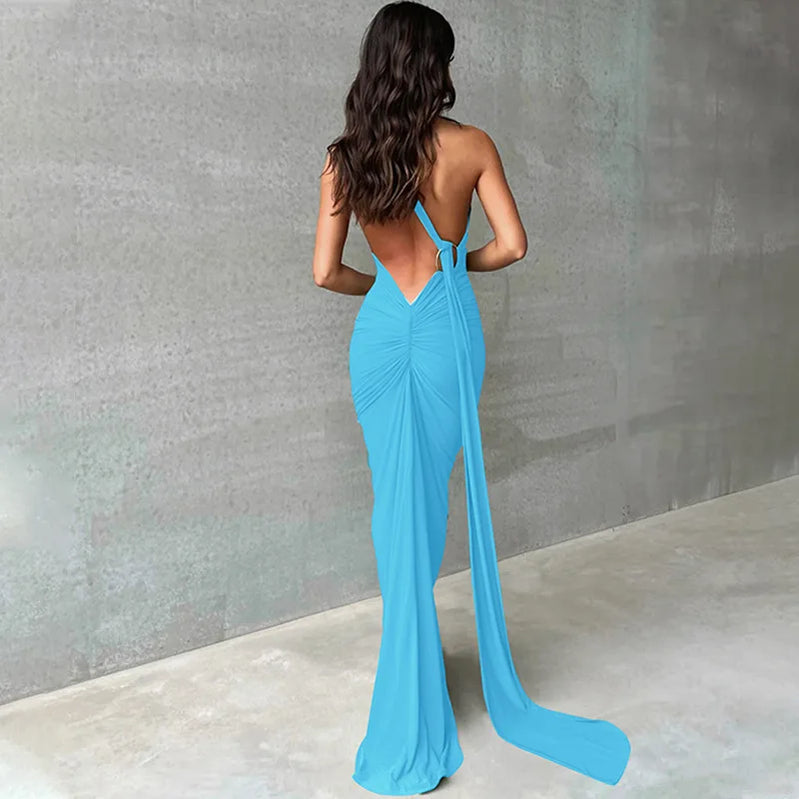 2023 New Fashion Elegant Maxi Dress for Women Sexy One Shoulder Bodycon Slim Pleated Solid Backless Dresses Party Club Clothes 8 blue