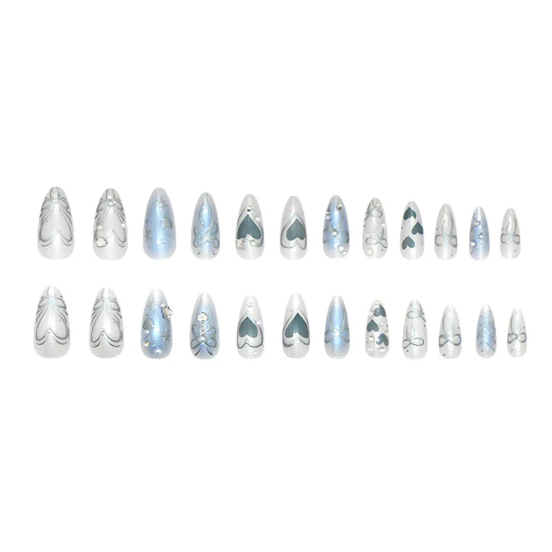 24pcs Y2k Love False Nails Sweet Cool Blue Blush Butterfly Print Fake Nails Tips Wearable Detachable Almond Press on Nails