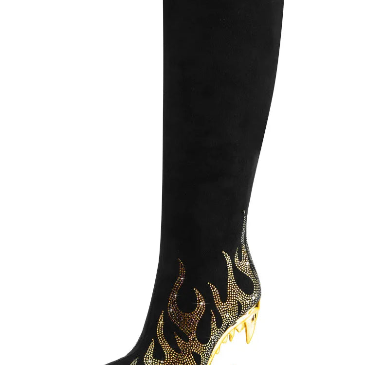 Women's Autumn and Winter New Water Diamond Knee Long Boots Pointed Side Zipper Tiger Teeth High Heels Banquet Party Boots Gold long style