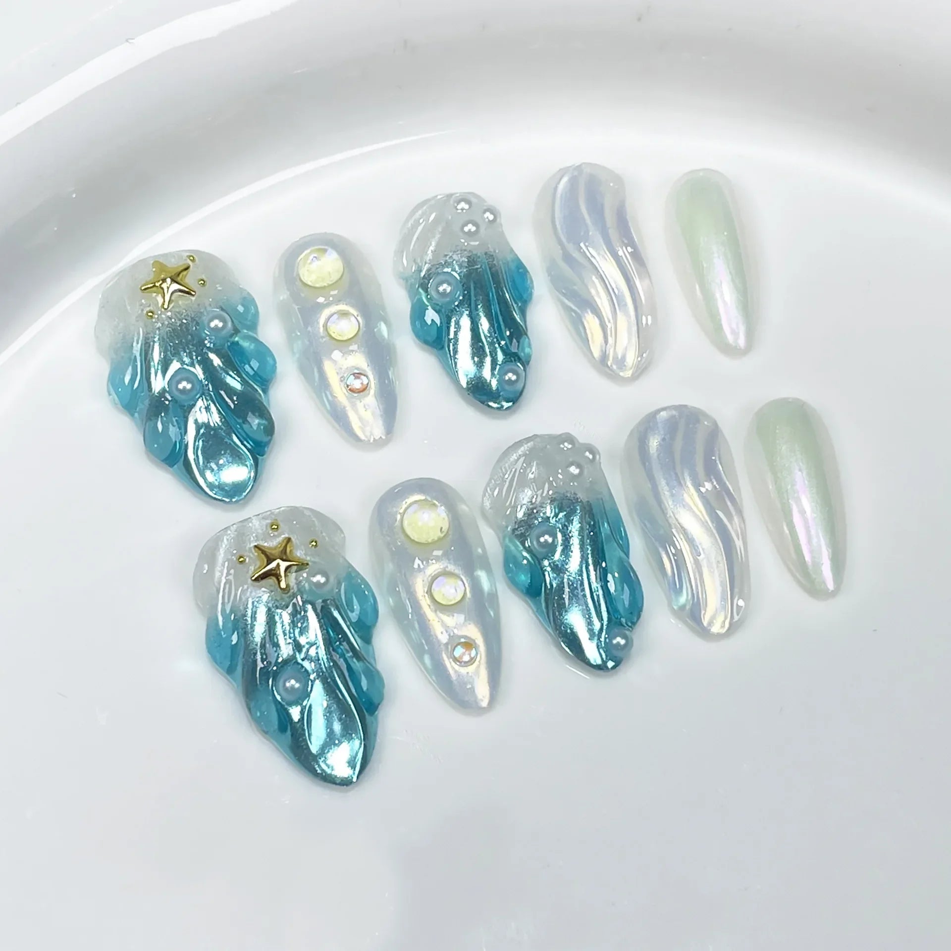 10Pcs Blue Handmade Almond Press on Nails French Design Rhinestone Full Cover Fake Nail Glitter Manicure Wearable Nail Tips Art