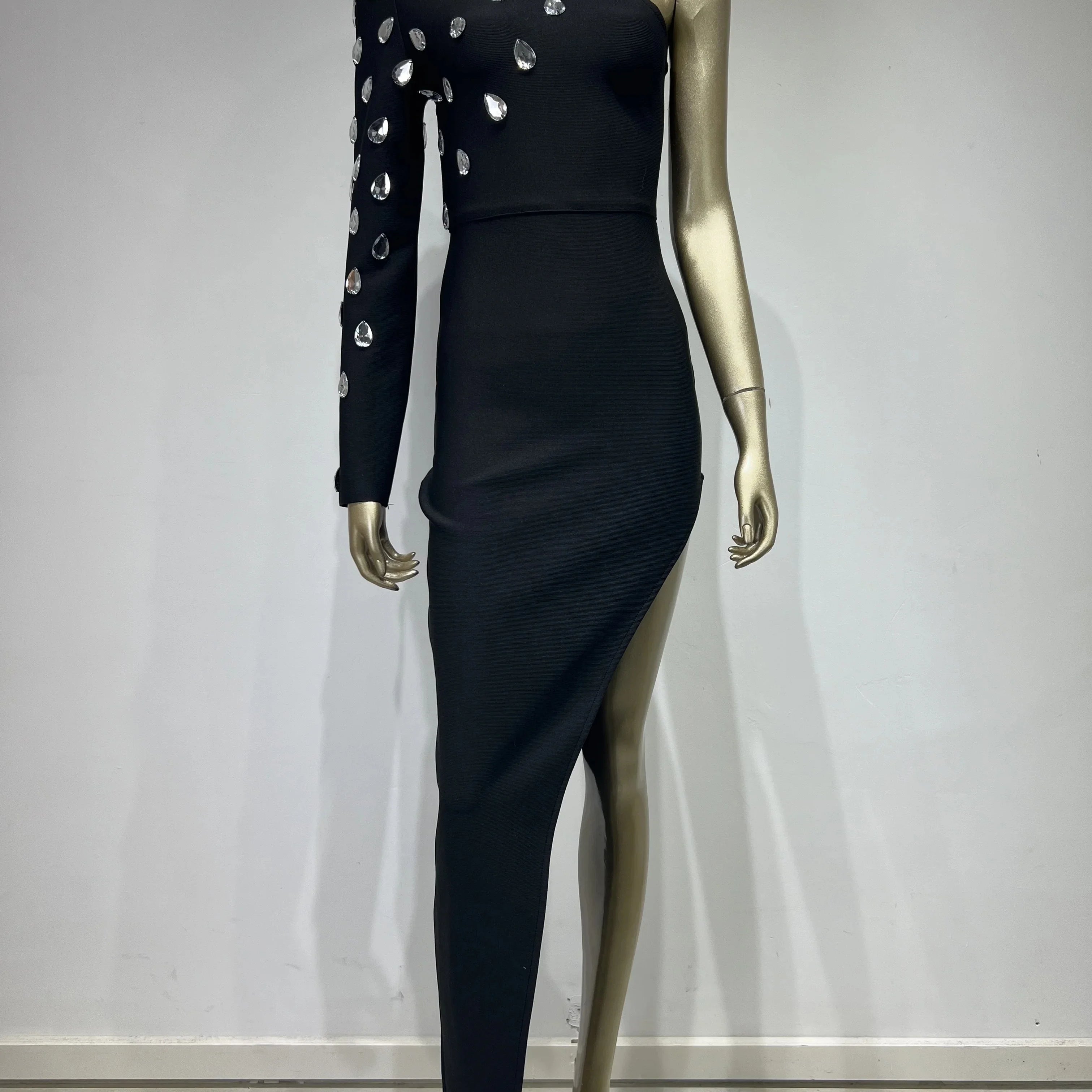 Vestido longo longo preto com strass e manga única, sexy, celebridade, bodycon, elegante, festa à noite, clube