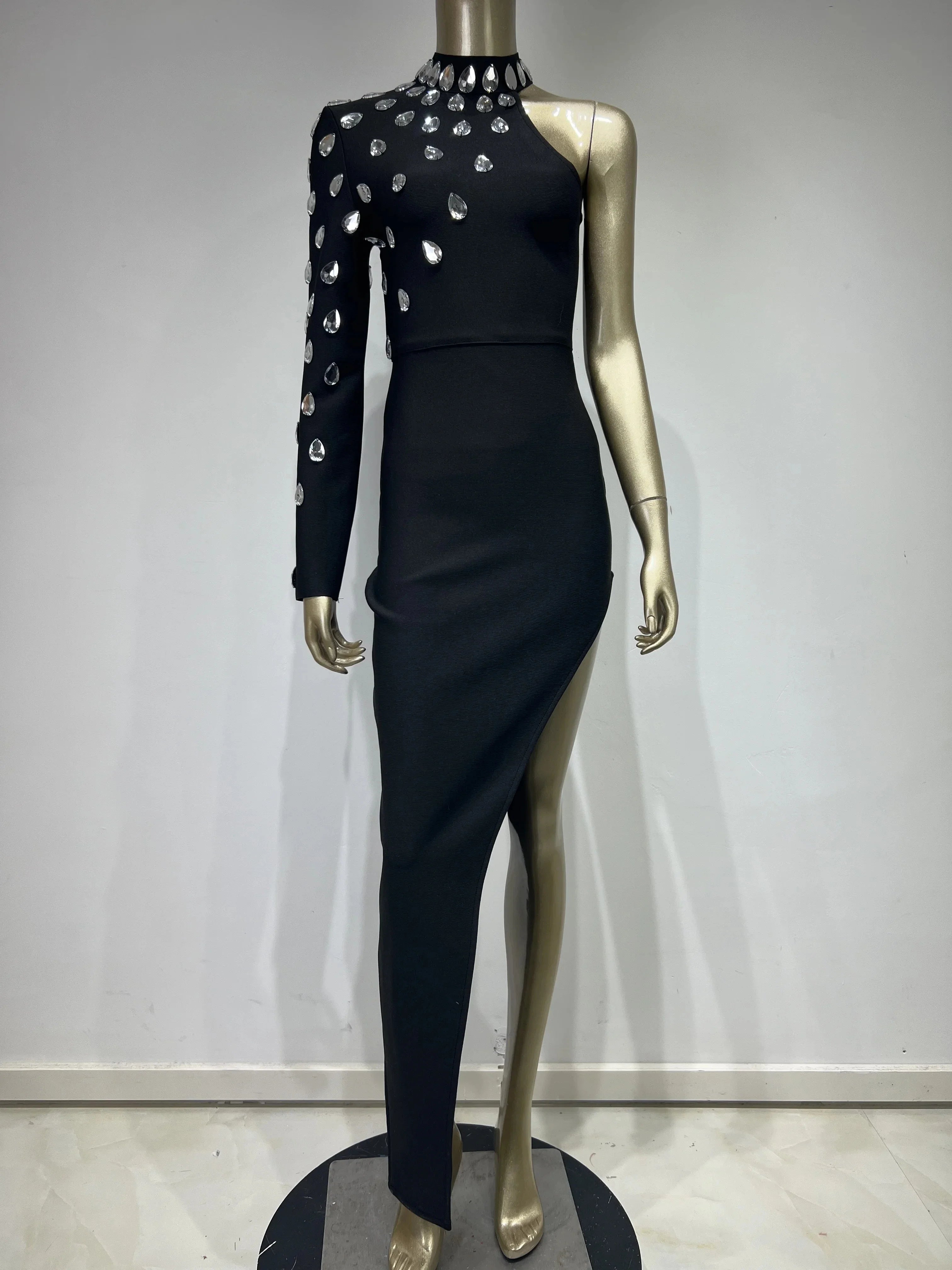 Vestido longo longo preto com strass e manga única, sexy, celebridade, bodycon, elegante, festa à noite, clube